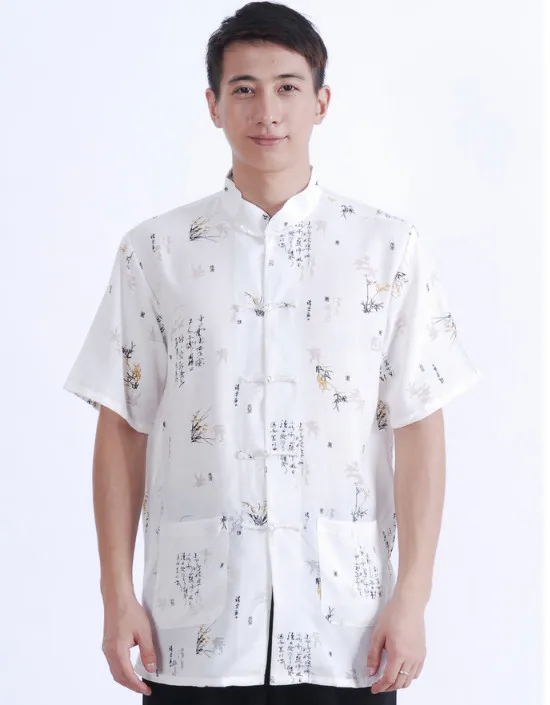 Men Short Sleeve Shirt Chinese Traditional Clothing Tang Suit Mandarin Collar Top