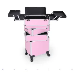 4in1 I Aluminum Cosmetic Makeup Suitcase Train Box Trolley Rolling Makeup Case with 360 Degree Wheels