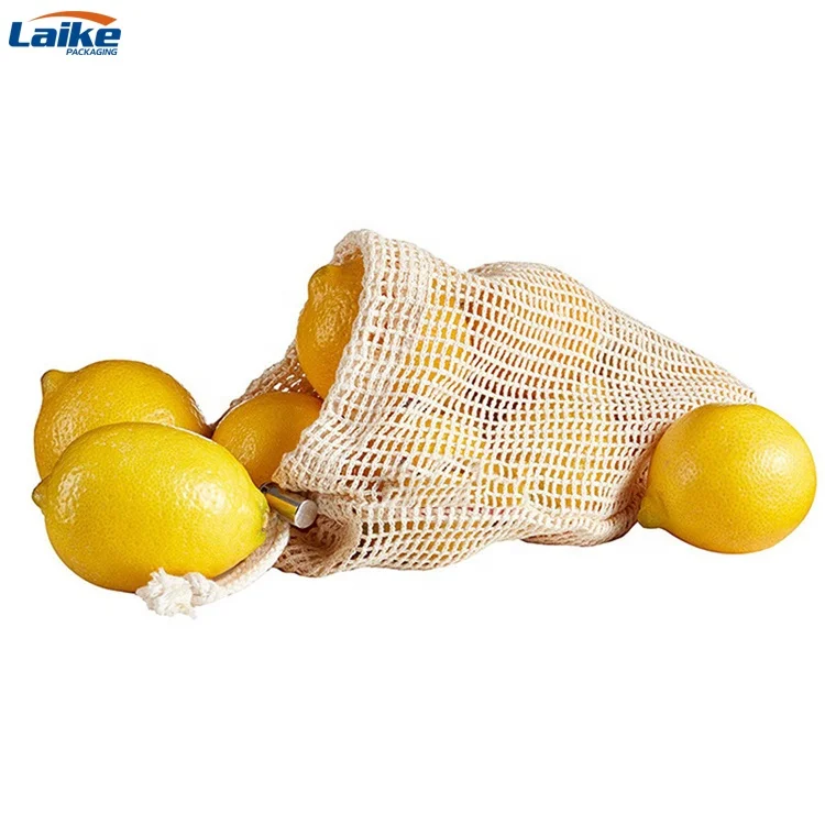 Factory wholesale Reusable organic cotton mesh produce bag  drawstring for grocery shopping fruit vegetable