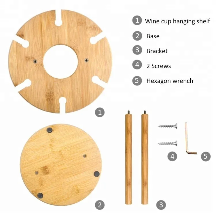 Bamboo Wine Bottle Glass Holder Hanging Upside Down Cup Goblets Display Rack for 6pcs Stemware Glasses and 1 wine bottle