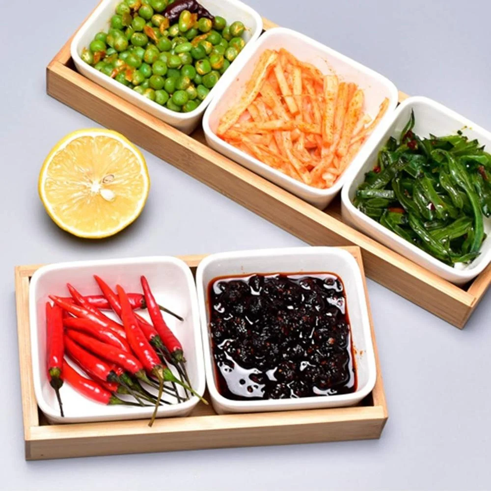 Ceramic Sauce Dish Divided with bambooTray Dish Storage Tray for Kitchen Spices Vinegar Nuts