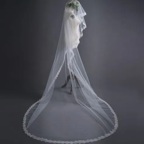 Роскошная Длинная свадебная вуаль, однослойные кружевные аксессуары WF915