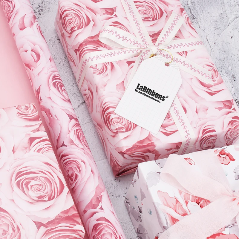
Wholesale Beautiful Pink Rose Flowers Printed Wrapping Gift Paper Roll 