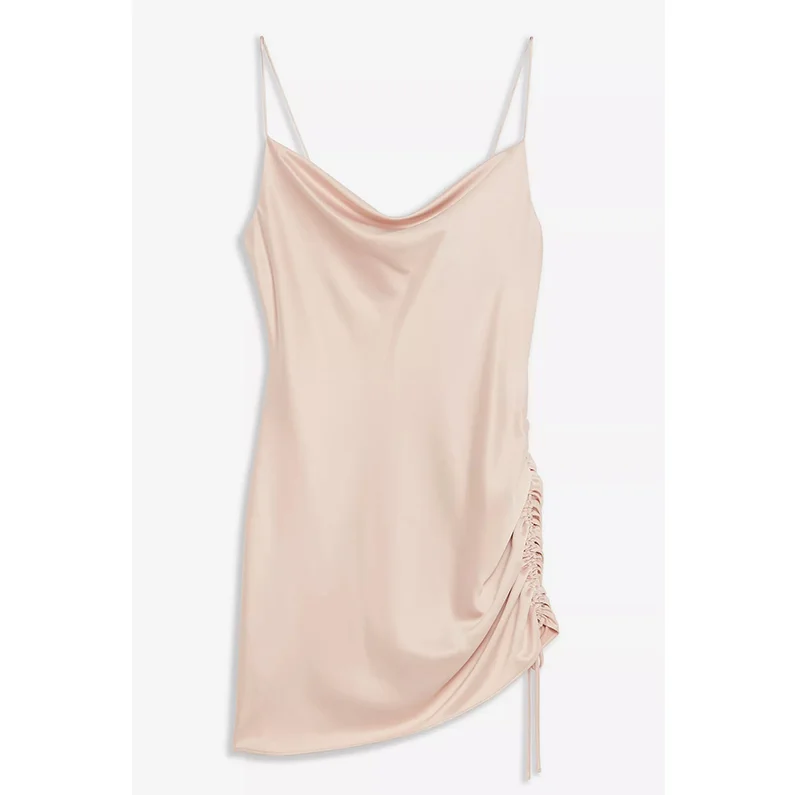 2020 Black Coloured Mini Slip Dress With a Ruched Detailing Soft Satin Mini Dresses