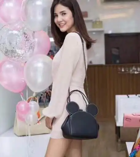Mickey Ear Clamp Bag Girl Shoulder Bag Handbag Cartoon Lovely Genuine Leather Bag