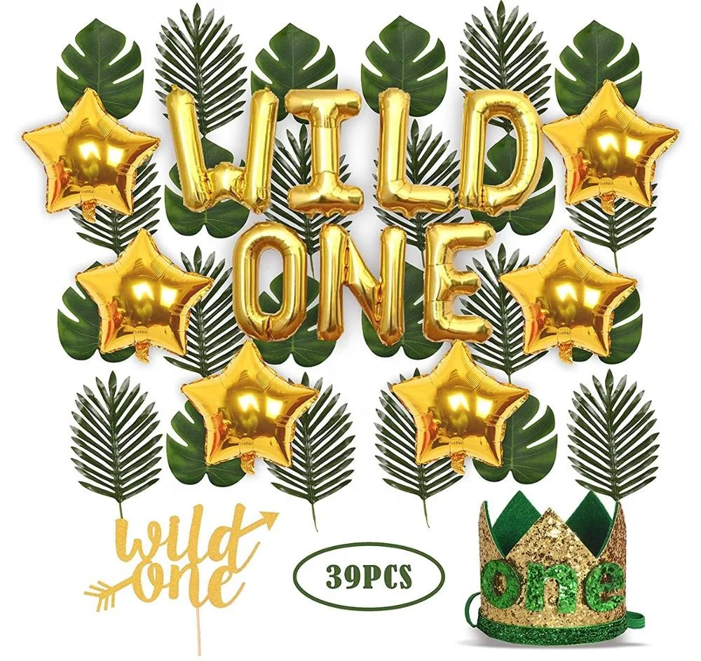 Wild One Decorations1st детская шапка для маленьких девочек и мальчиков, зеленая корона с повязкой на голову, 24 шт., искусственные Пальмовые Листья, торт, Топпер