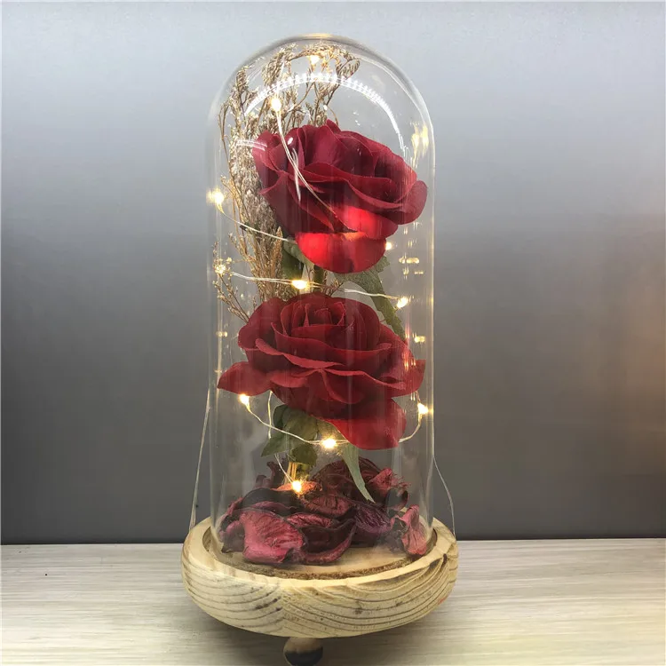 Высококачественная искусственная Шелковая Роза в стеклянном куполе со светодиодной подсветкой две головки розы цветы подарок на день Святого Валентина