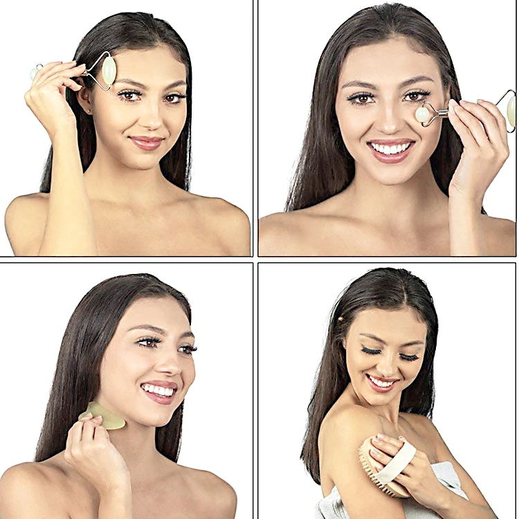 
3 In 1 Green Jade Roller And Guasha Board Set Jade Roller Dry Body Brush With Gift Box Face Lift Slimming Tools Set 
