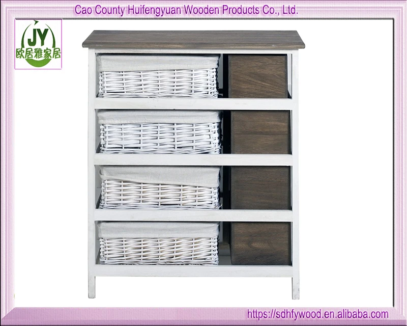 Wooden Drawer Cabinet Bedside Units Storage Willow Basket Wicker Chest white and brown