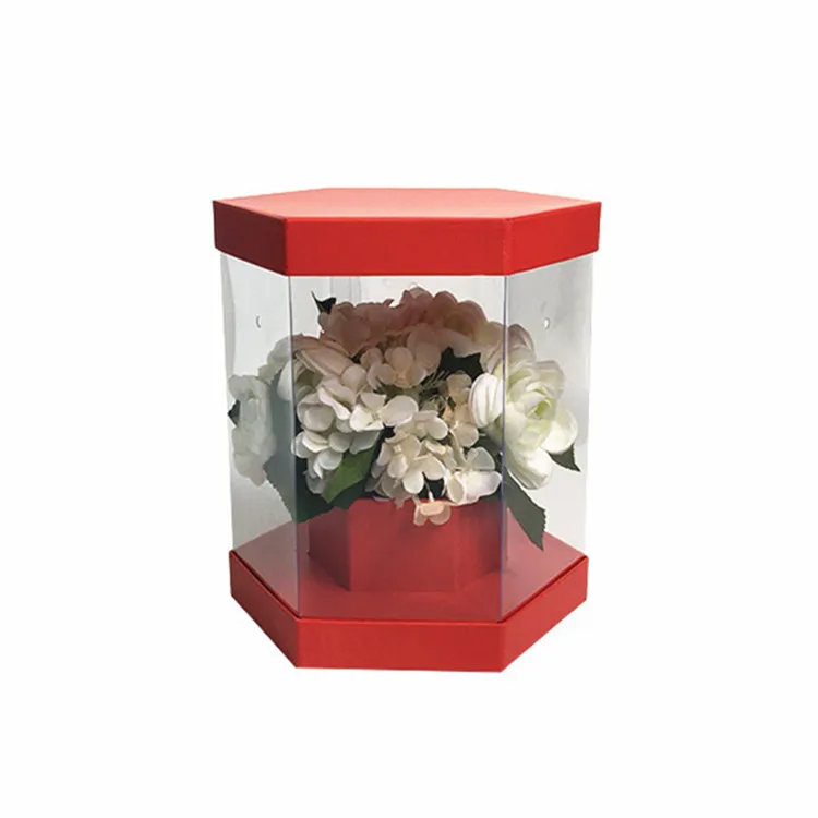Custom printing cardboard hexagon shape PVC transparent box flower boxes