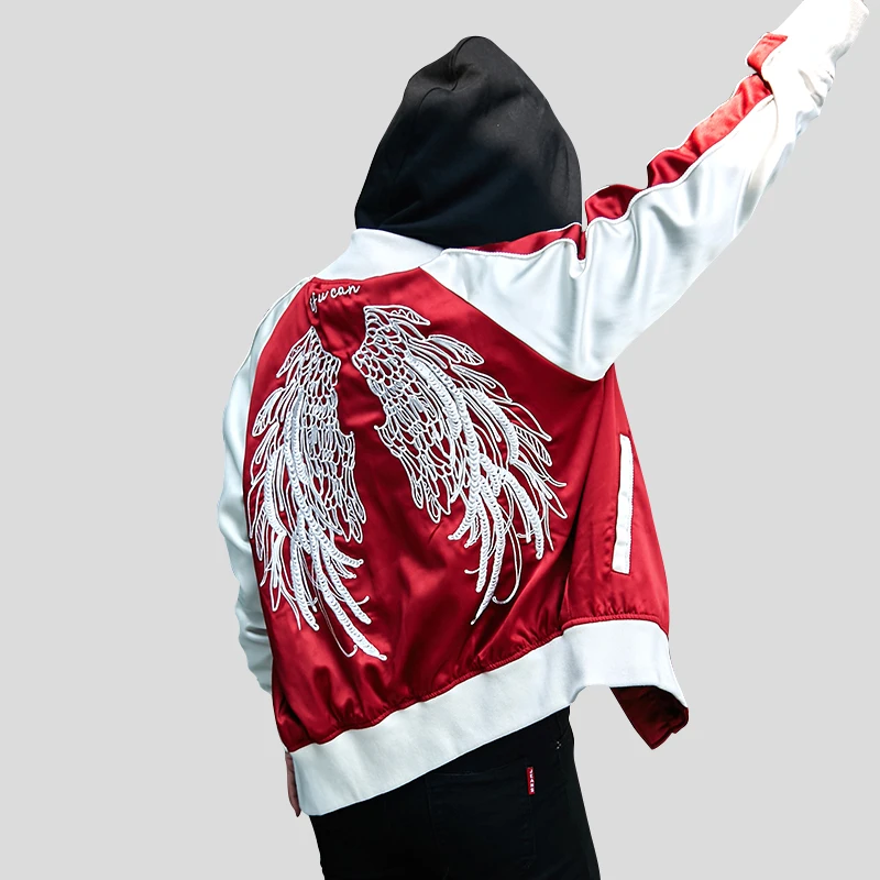 Oversized Embroidery Black Satin Women Jacket