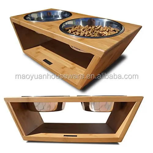Surdy Bamboo Elevated Pet Dog Feeder with Metal Bowl