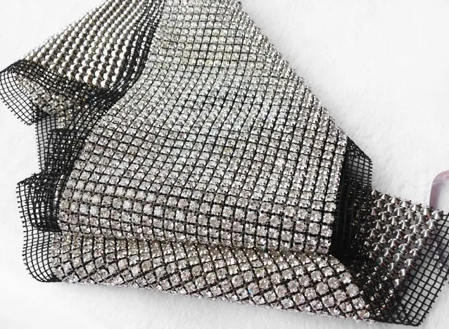 24rows 5mm sew on clear crystal rhinestone trimming mesh banding silver metal claw chain banding black base fabric
