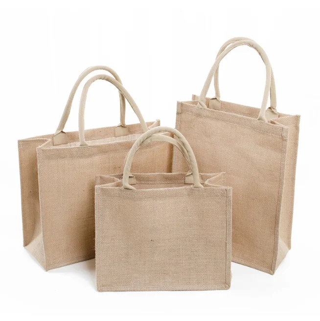 Custom Logo Eco Reusable Cloth Carrying Tote laminated PVC coated Gift grocery brown jute tote bag