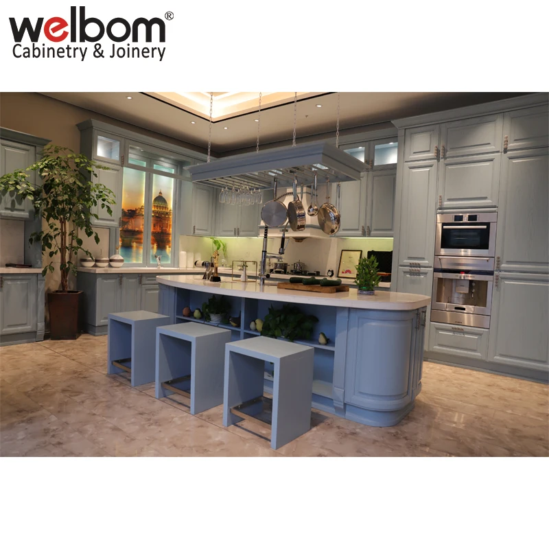 RTA Custom Satin Blue Oak Wood Kitchen Cabinet for North American