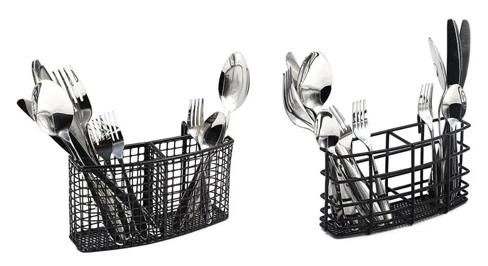 Kitchen Dish Drainer Drying Rack with Drip Tray and Full Mesh Silverware Storage Basket Black