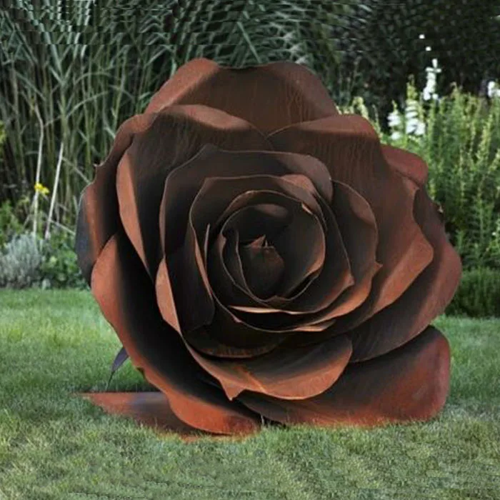 Outdoor metal abstract rose flower sculpture