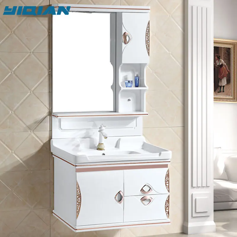 Modern Simple Wall Mounted White and Golden PVC Bathroom Wash Basin Vanity or Cabinet Furniture