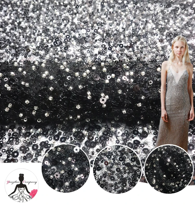 X100 Luxury Black Beaded Sequin Latest Heavy Beaded Embroidery Lace Fabric For Wedding Gown