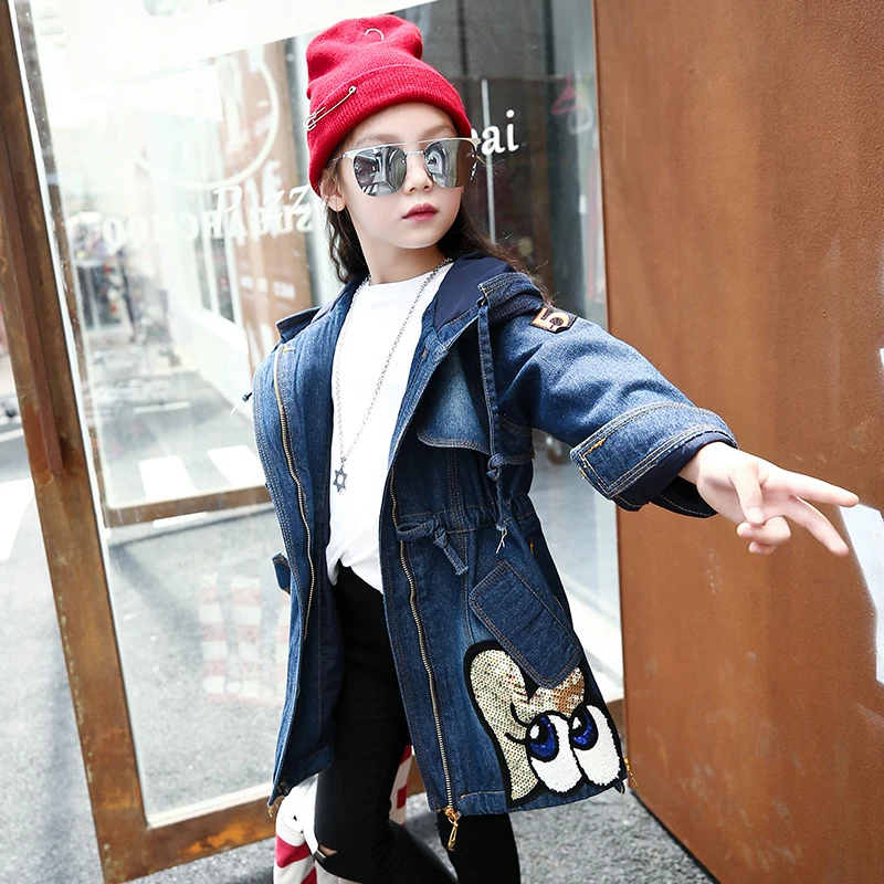 
Girls Denim Coat Embroidered Paillette Cartoon With Hood Jeans Overcoat 