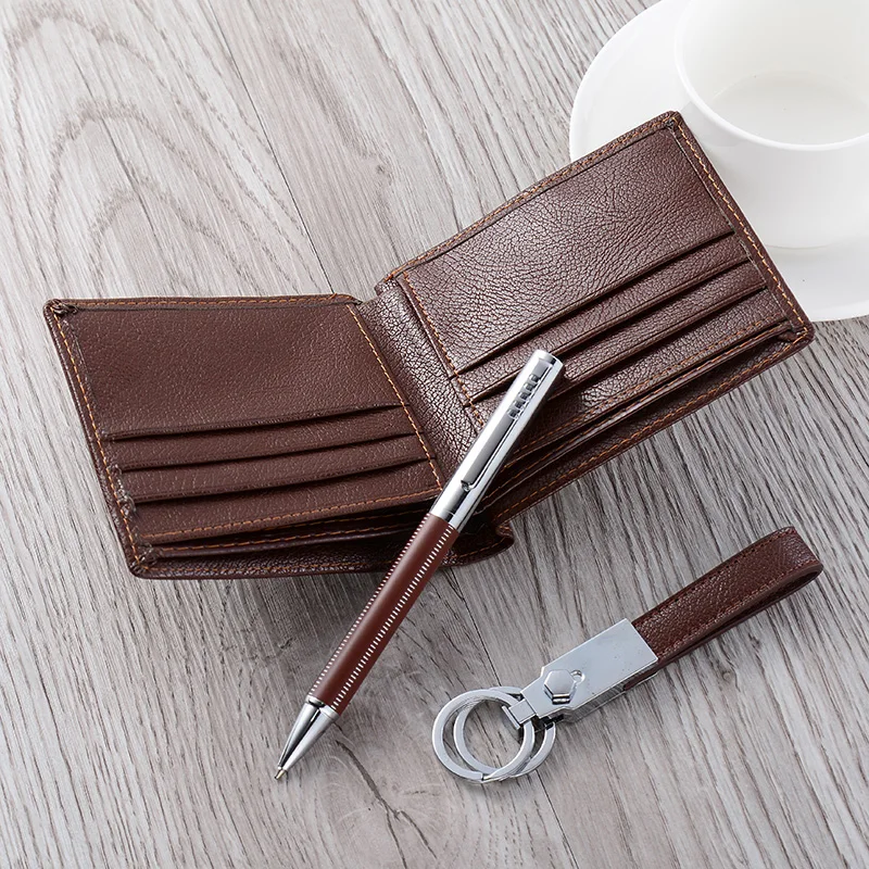 PU leather wrapped ball pen with leather keychain and wallet VIP gift set