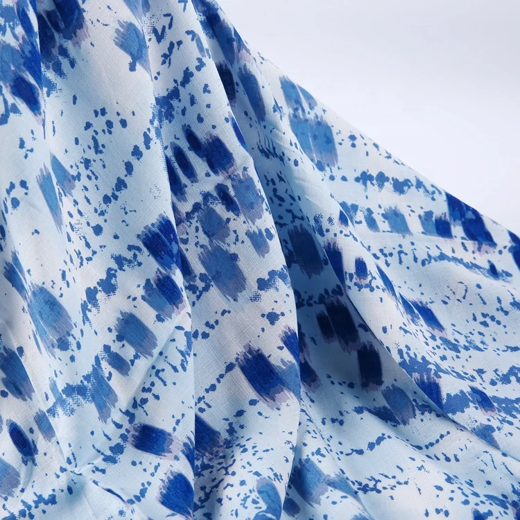 Textile factory blue elegant wave point custom printed 100%rayon slub fabric