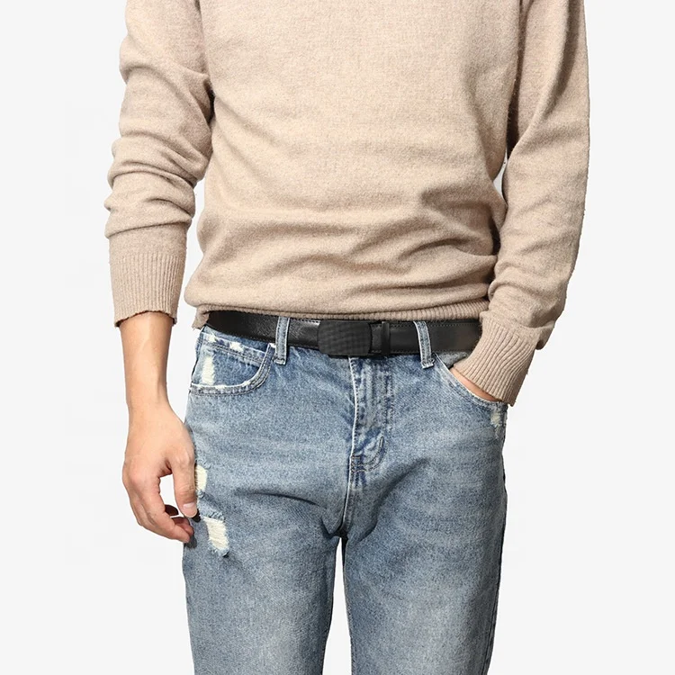 Belt for Men Genuine Leather Ratchet Dress Comfort Belt with Slide Click Buckle Trim to Fit