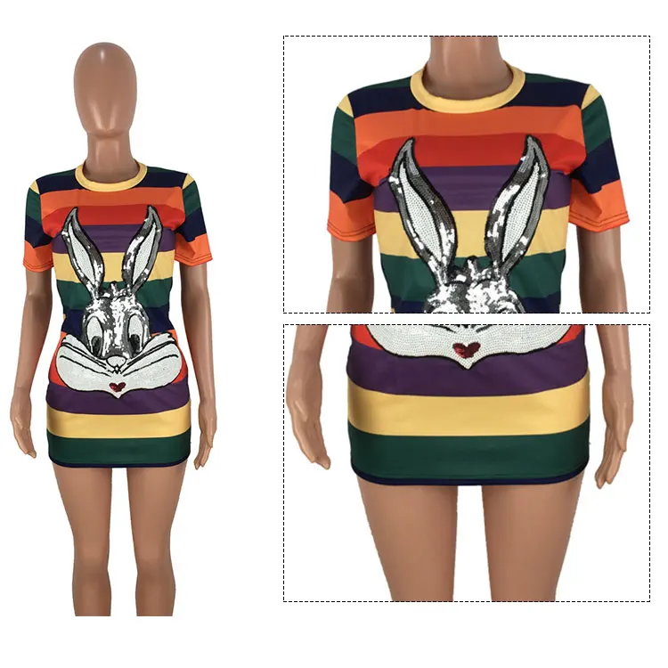 Wholesale 24$ for 3 pieces OEM ODM MD8203 women fashion striped cartoon sequins bandage bodycon mini dress