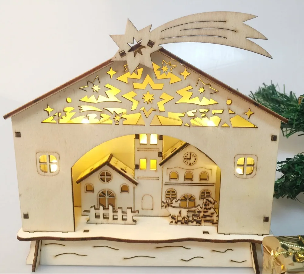 Теплые белые светодиодные светильники, деревянные рождественские украшения, рождественские украшения, церковный дом
