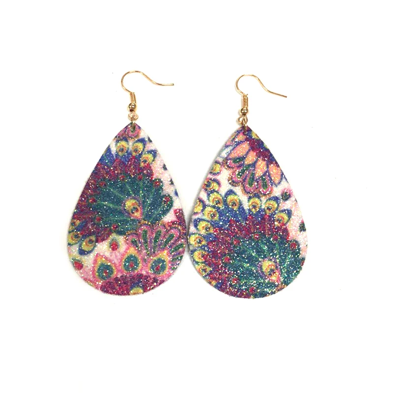 Low Price Boho Earrings Lightweight Glitters Dangle Teardrop Leather Peacock Earrings