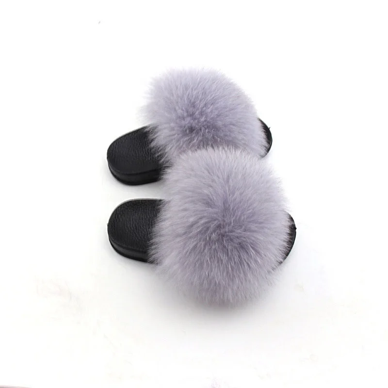 Hot Selling Korean Girl Cool Fox Fur Slipper Children Fur Slides Kids Fur Slippers