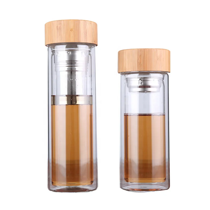 2020 new design 400ml Eco-Friendly double wall high quality Bamboo lid glass tea water drinking bottle