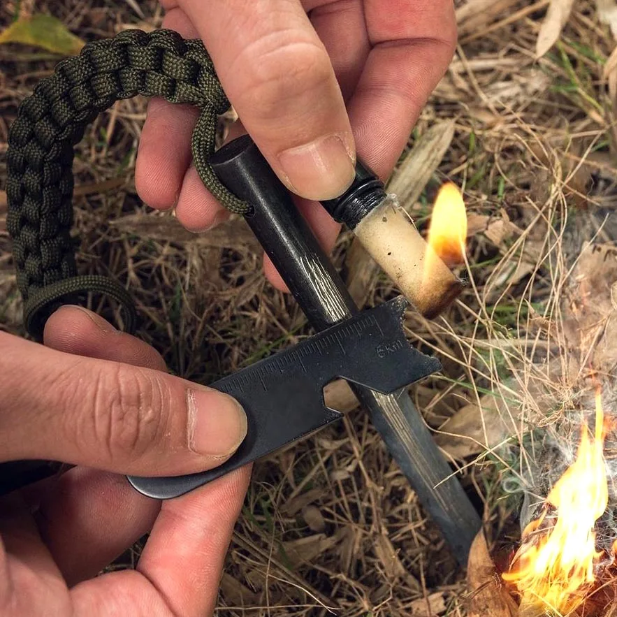 New 5 in 1 Multifunction Paracord Fire Starter Flint Firesteel with Waterproof Tinder Box Drilled Ferro Rod Ferrocerium Survival