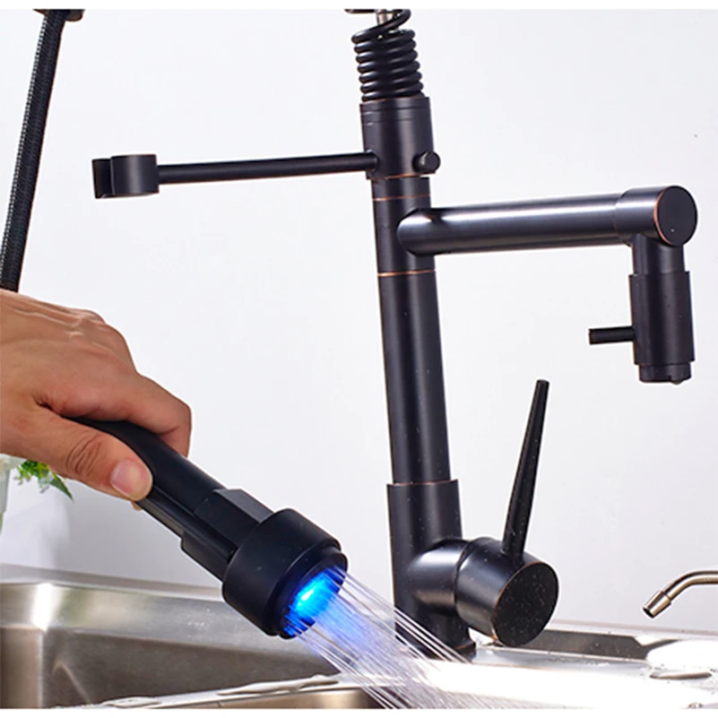 ORB  Dual Spout Spring Kitchen Sink Faucet LED Light Hot Cold Kitchen Mixer Taps 360 Degree Rotate Spout Kitchen Faucet Mixer