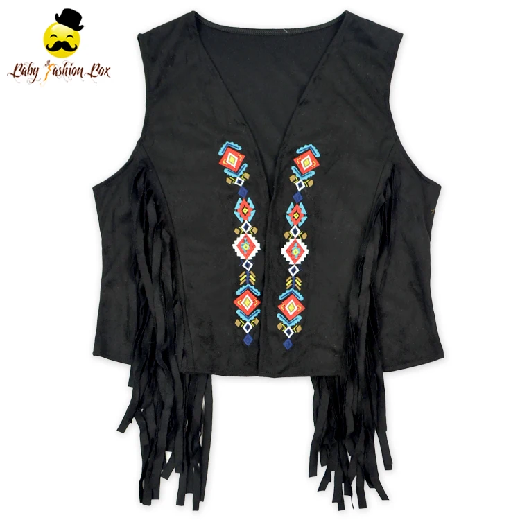 
Vintage Kids Spring Clothing Black Suede Sleeveless Embroidered Flower Fringe Kids Girl Vest Top 