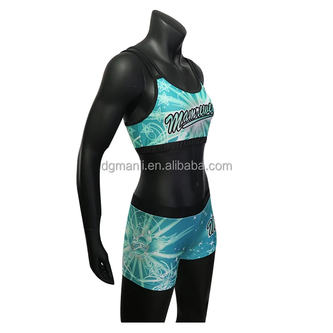 Mamrewear teal cheer uniforms,sublimation cheer short and cheer padded sports bra with hole in back