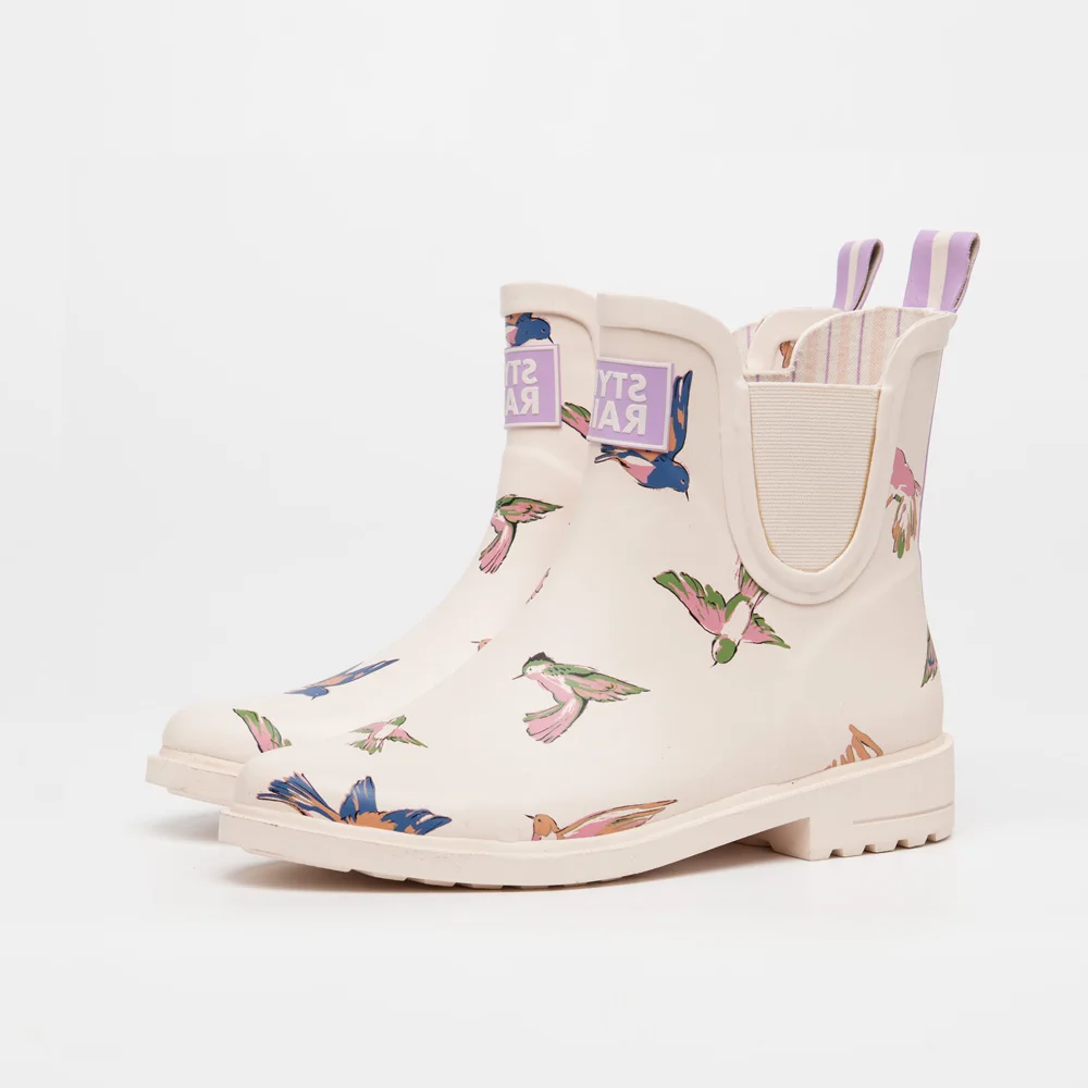 beige cream color bird printed girls soft comfortable warm winter waterproof shoes garden use antislip outsole rain boot wellies