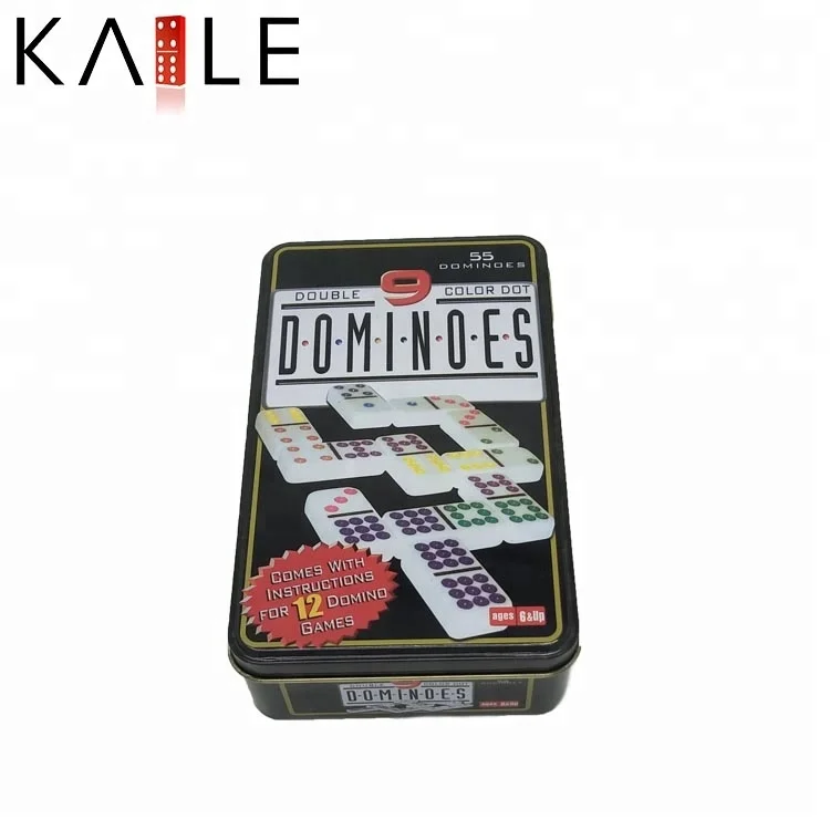 Wholesale Custom Double 9 Plastic Dominoes with Tin Box 55pcs White Domino Colored Dot Paint for Table Games