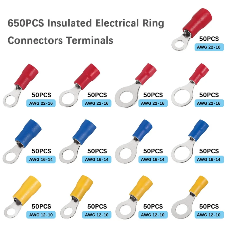 Wholesale 650PCS Assorted Insulation Ring Crimp Terminals Electrical Wiring Connectors Kits Cold Pressed Ring Terminals