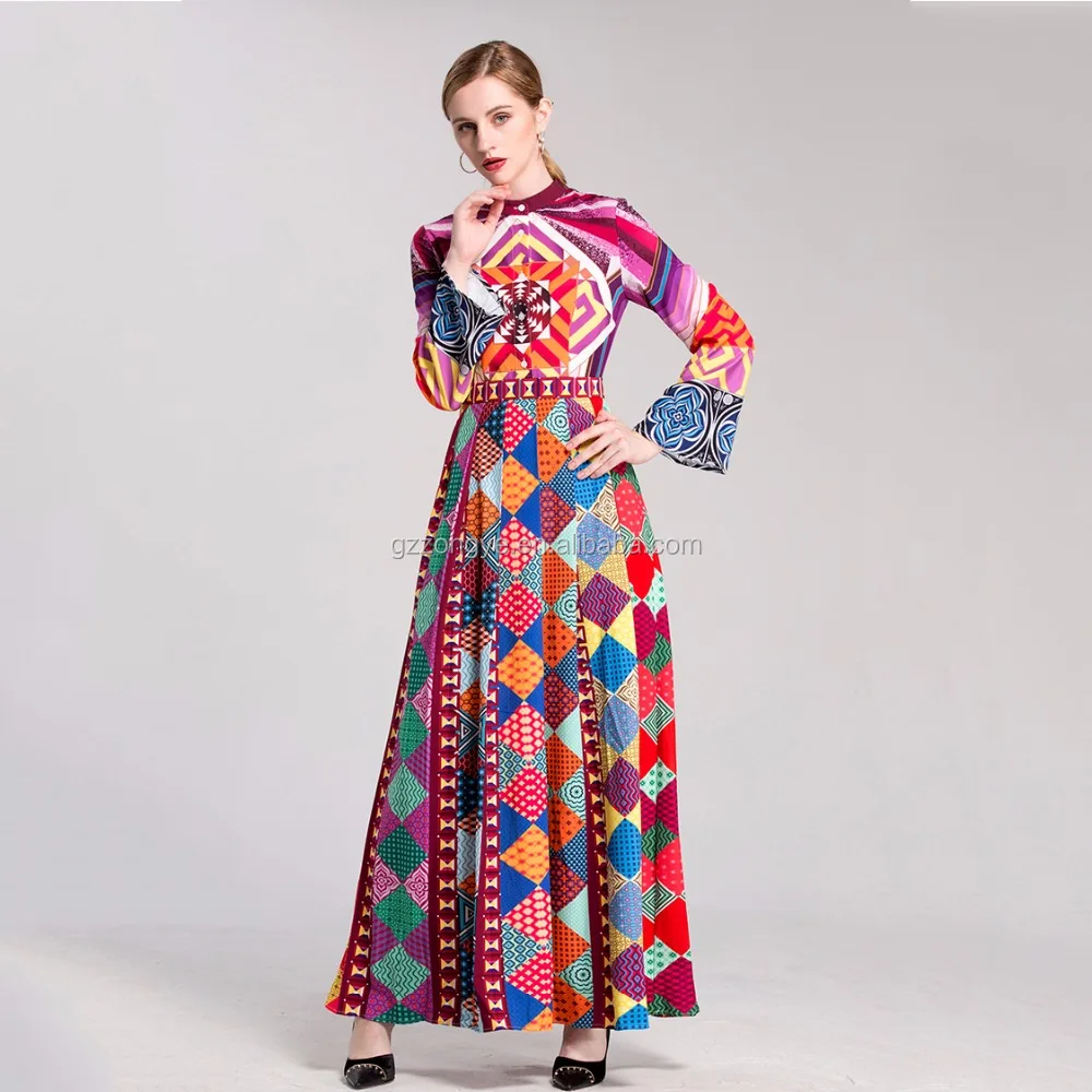 2017 women clothing manufacturer printed wholesale long sleeve maxi dress