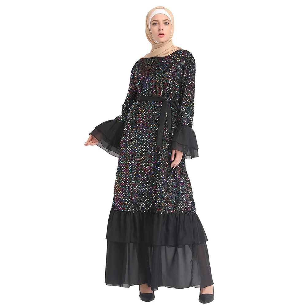 New Arrivals Eid Ramadan Dubai Muslim Women Elegant Long Sleeve Islamic Maxi Dress With sequins Abaya