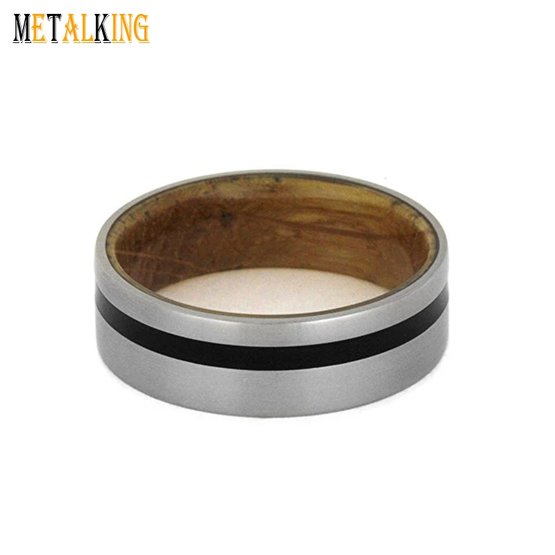8mm Brushed Titanium Ring with A Thin Black Enamel Inlay Whiskey Barrel Wood Inner Mens Wedding Band