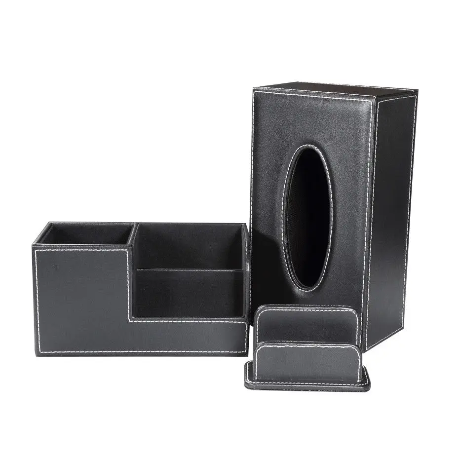 Luxury Leather Wood Desk Storage Set Tissue box Name Card Holder Remote Control Holder
