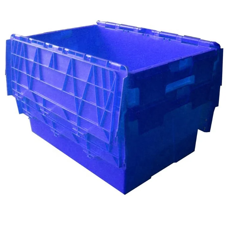 Plastic moving home warehouse crate Attached lid container for packaging and transportation