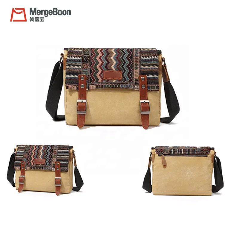 Mergeboon custom  vintage folk style canvas messenger bag for women