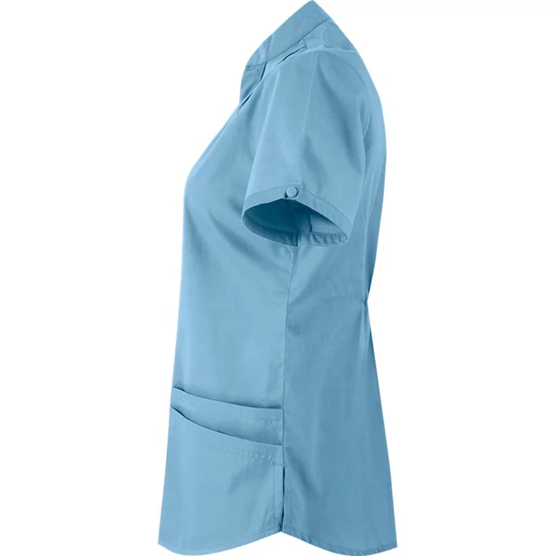 Mandarin Collar 4-Pocket Scrub Top with 5-Buttoned Snap Closure on the Front