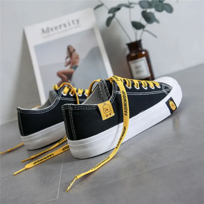 Spring Students Women Cartoon Yellow Duck Lace-Up Flat Zapatillas Canvas Shoes