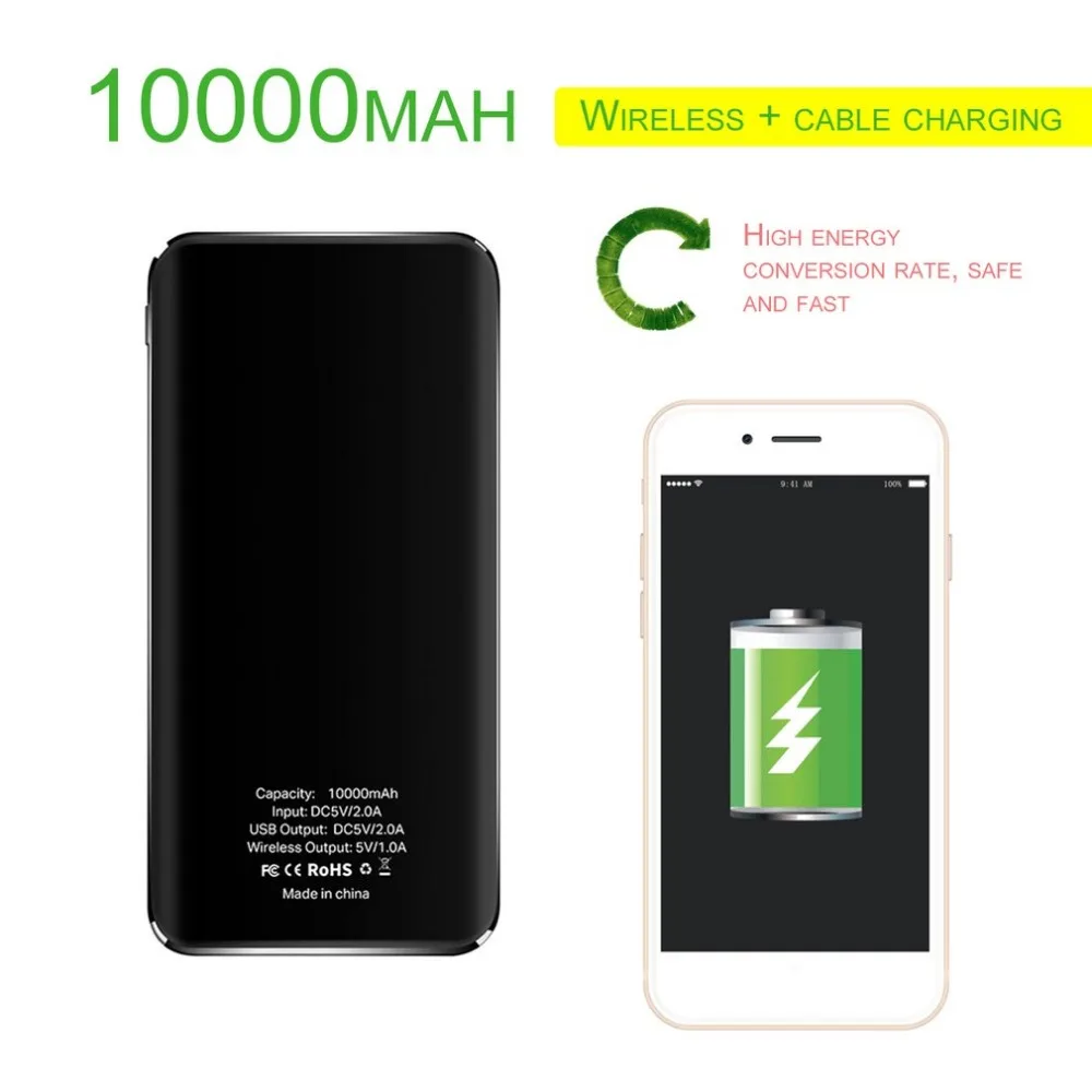 10000mAh Wireless Fast Charger LED Display Mobile Power Bank Case with Dual USB Port & Type-C Port