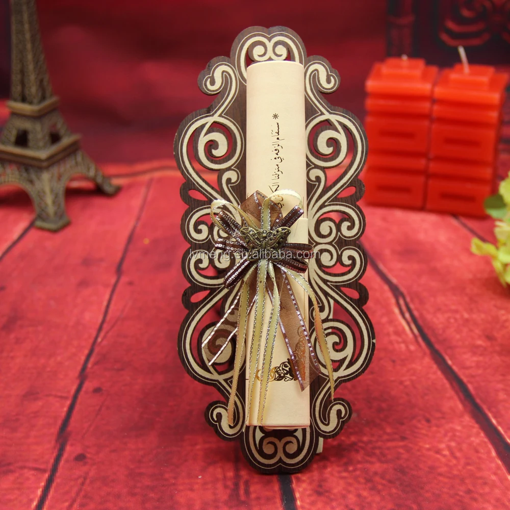 
Yiwu factory wooden scroll wedding invitations with Metal butterfly and Ribbon bow 