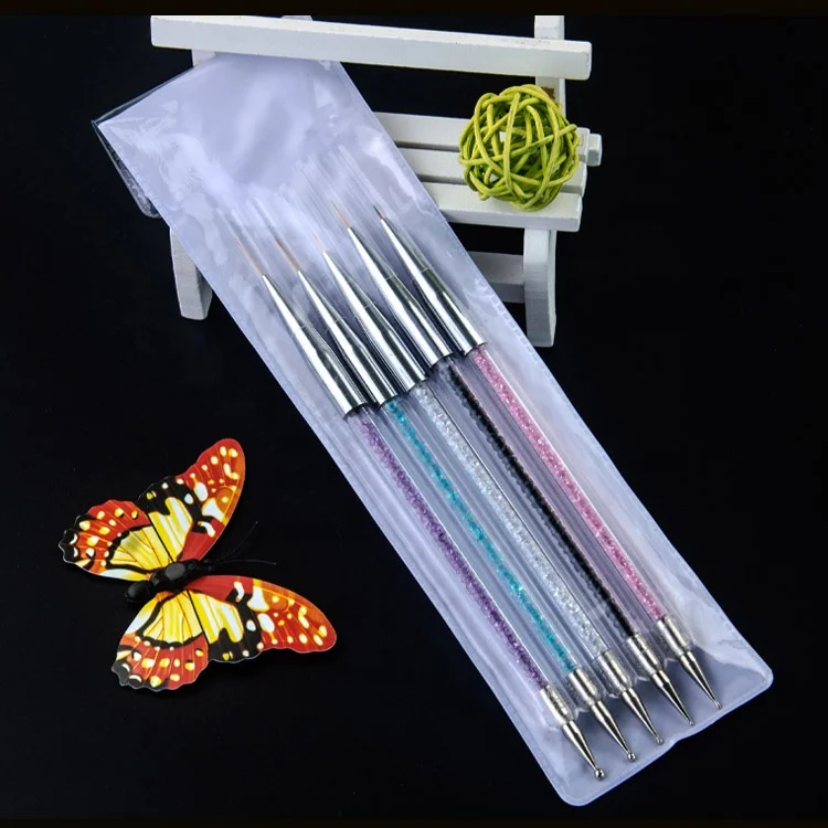 5 Size Nail Art Dotting Brush Rhinestone 2 Way UV Gel Painting Manicure Tool Nylon Nail Painting Drawing Brush Set